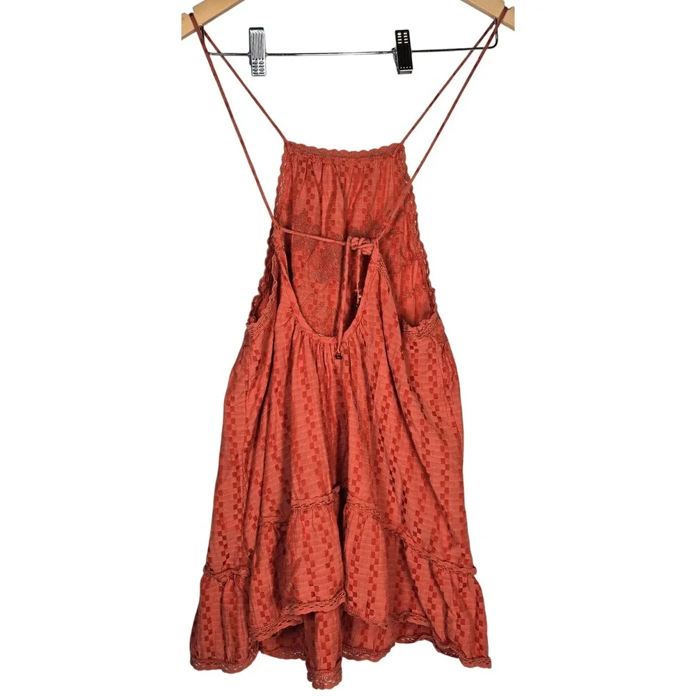 Free People Elisa Tunic Tank Top XS Coral‎ Orange Lace Trim Halter Sleeveless